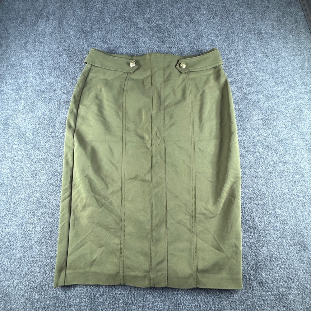 New York & Company Olive Green Stretch Pencil Skirt Gold Button Size 14 NWT